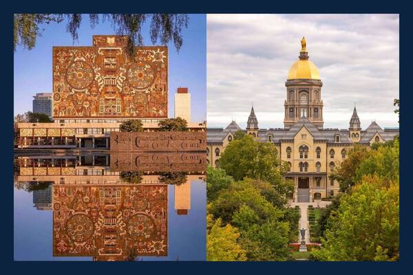 UNAM Central Library's mosaic facade reflected in water, alongside Notre Dame's Golden Dome among autumn trees.